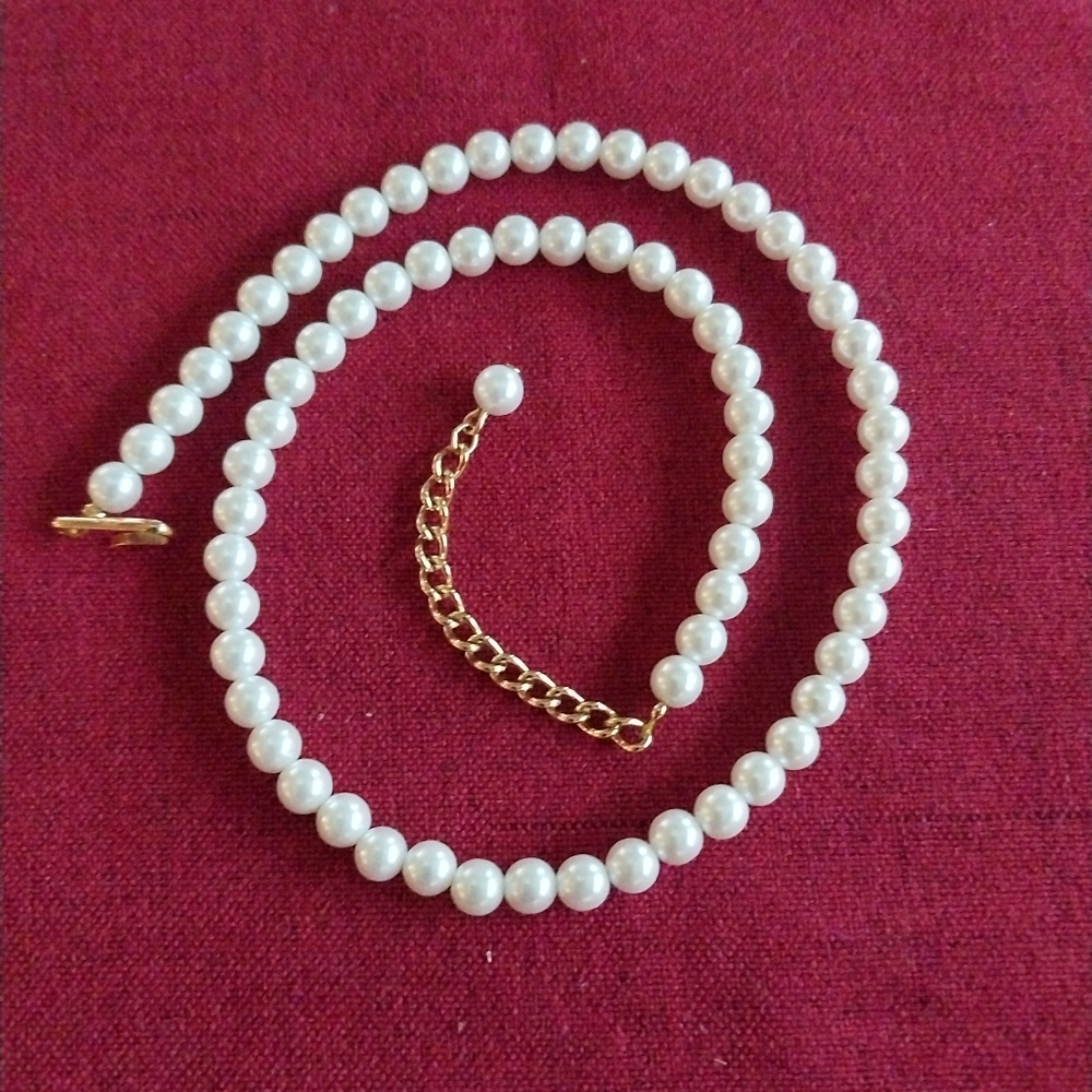 Elegant Bundle. Faux White Pearl Necklace and Two Bracelets With Gold Accents